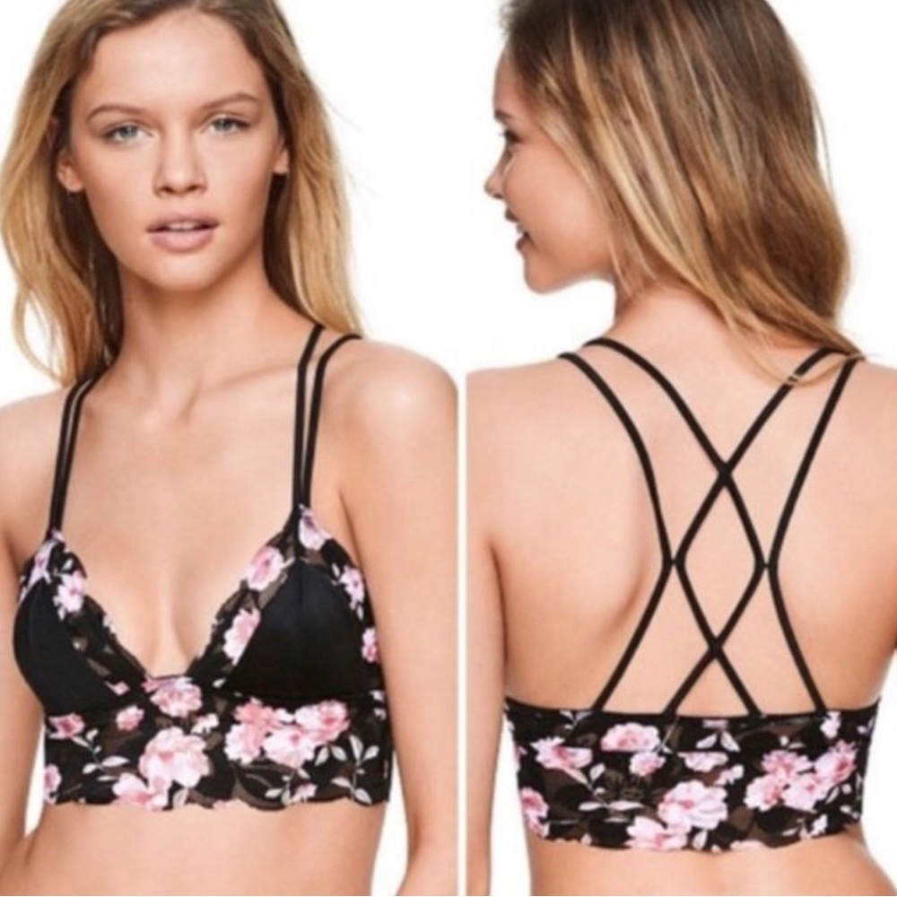 NWOT PINK Victoria’s Secret Unlined Satin Lace Bralette, Floral Pink/Black